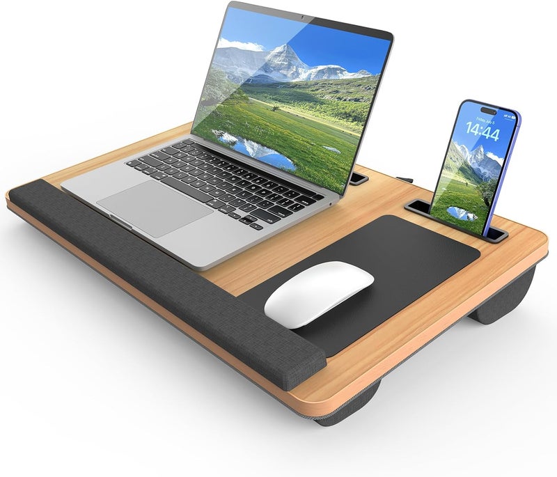 HETTHI Laptop Lap Desk, Portable Large Laptop Desk for Bed, Up to 17 in Lap Table with Wrist Rest, Mouse Pad, Tablet Phone Slot, Portable Handle, Cushion (Light Brown) - Image 1